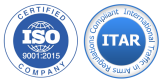 McCaltek ISO 9001 2015 certification badge and ITAR compliance stamp for custom cable manufacturing